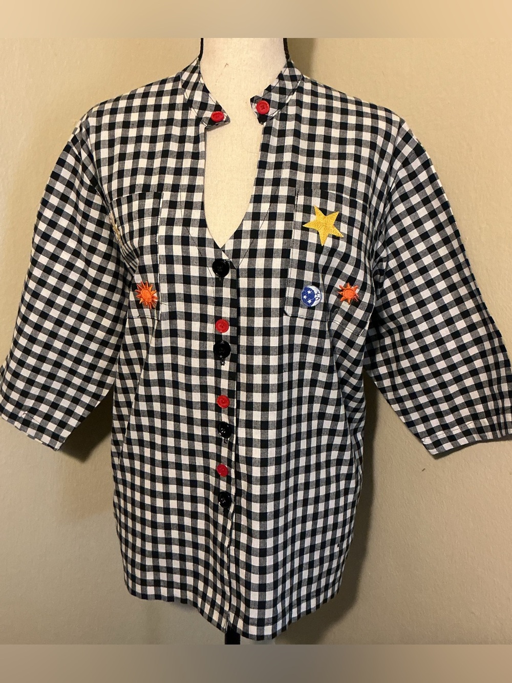 Whimsical Black & White Gingham Button Front Cotton Blend Top Womens